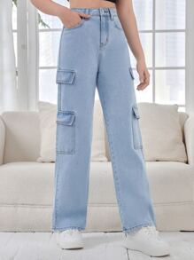 SHEIN Teen Girls Flap Pocket Side Cargo Jeans - Light Wash - View 3