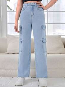 SHEIN Teen Girls Flap Pocket Side Cargo Jeans - Light Wash - View 4