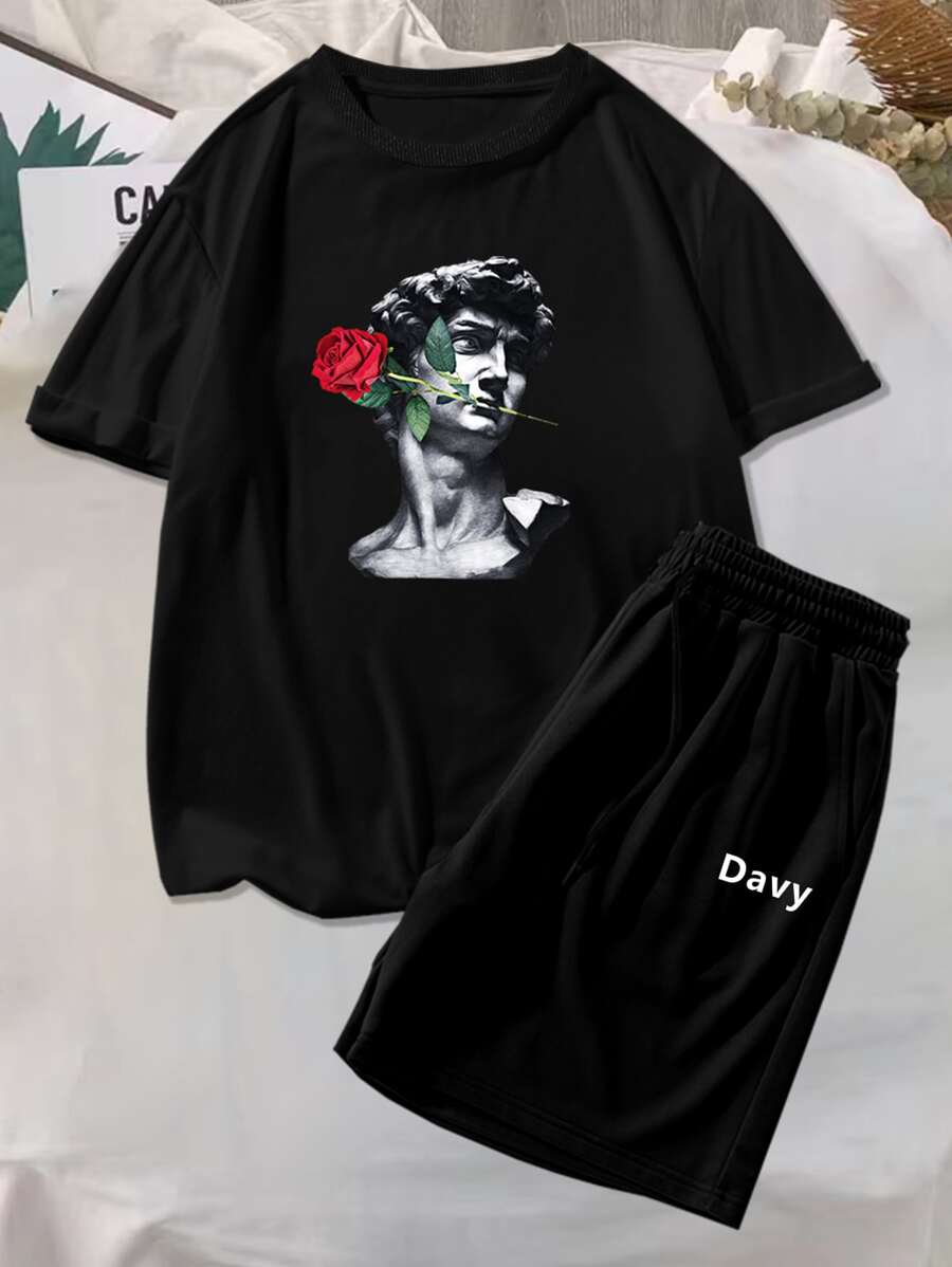 Manfinity Men Plus Floral Print Tee & Letter Graphic Shorts - Black - View 1