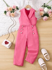 SHEIN 女小童粉色素色優雅城市輕奢連身褲帶旗袍領適合夏天 - 粉色 - 查看 1