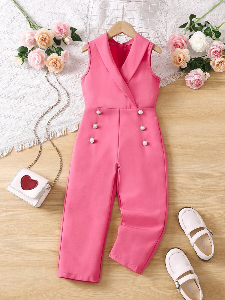 SHEIN 女小童粉色素色優雅城市輕奢連身褲帶旗袍領適合夏天 - 粉色 - 查看 1