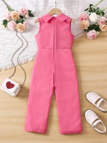 SHEIN 女小童粉色素色優雅城市輕奢連身褲帶旗袍領適合夏天 - 粉色 - 查看 2