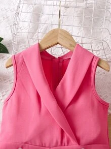 SHEIN 女小童粉色素色優雅城市輕奢連身褲帶旗袍領適合夏天 - 粉色 - 查看 4