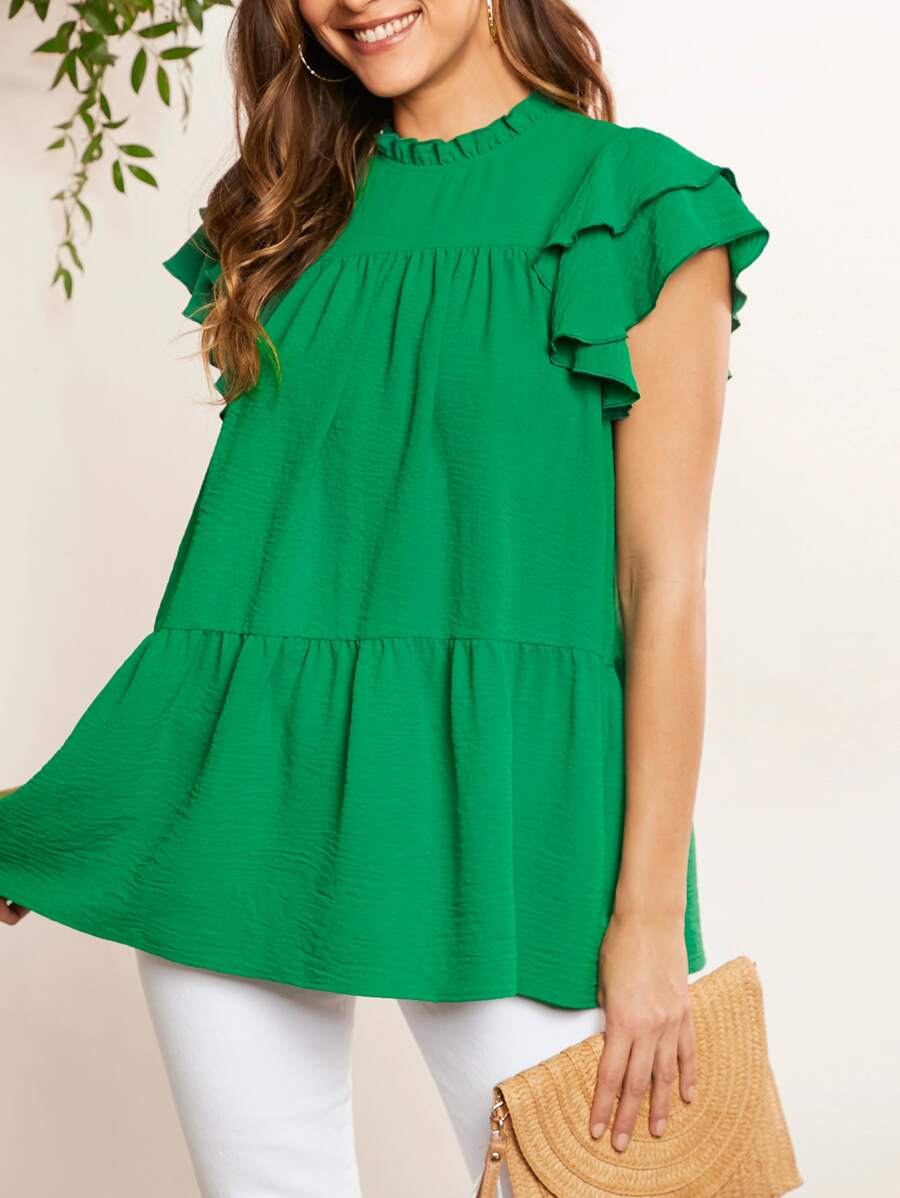 SHEIN LUNE Áo sơ mi nữ viền lá sen Viên lá sen Nút màu trơn Dễ thương - màu xanh lá - Xem 1