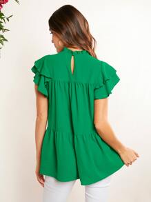 SHEIN LUNE Áo sơ mi nữ viền lá sen Viên lá sen Nút màu trơn Dễ thương - màu xanh lá - Xem 2