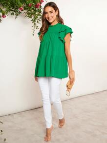 SHEIN LUNE Áo sơ mi nữ viền lá sen Viên lá sen Nút màu trơn Dễ thương - màu xanh lá - Xem 3