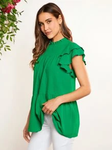 SHEIN LUNE Áo sơ mi nữ viền lá sen Viên lá sen Nút màu trơn Dễ thương - màu xanh lá - Xem 4