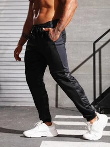 Hombres Pantalones deportivos con estampado de letra de cintura con cordón - Negro - Ver 1