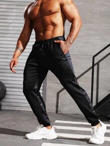 Hombres Pantalones deportivos con estampado de letra de cintura con cordón - Negro - Ver 4