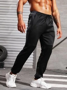 Hombres Pantalones deportivos con estampado de letra de cintura con cordón - Negro - Ver 5