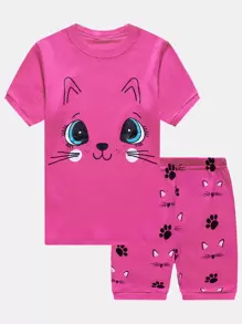 女孩卡通圖案T恤和短褲緊身睡衣套裝 - 玫紅色 - 查看 1