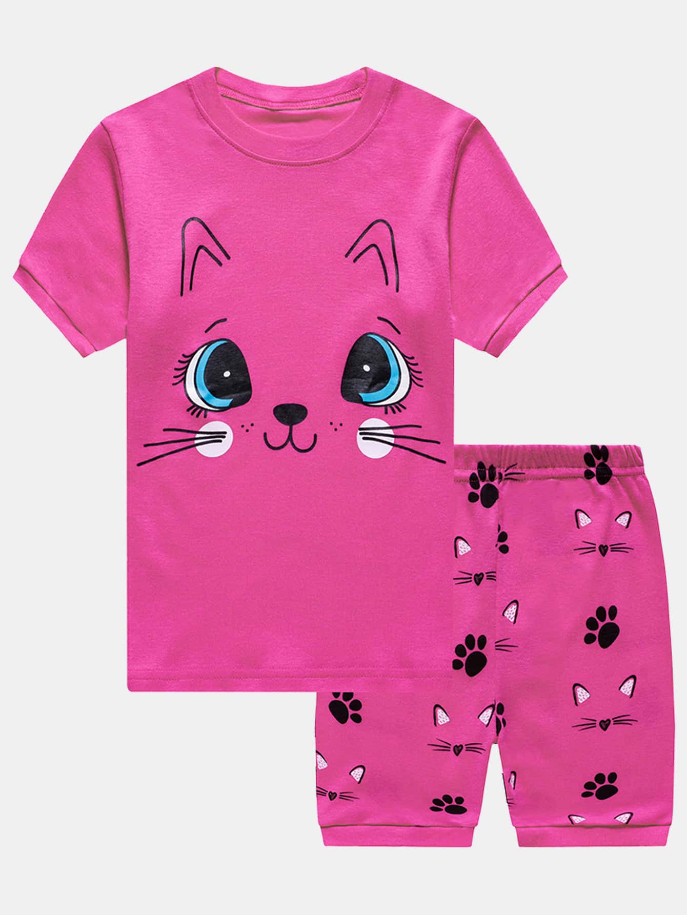女孩卡通圖案T恤和短褲緊身睡衣套裝 - 玫紅色 - 查看 1