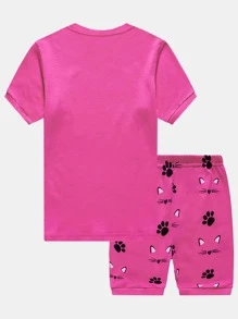 女孩卡通圖案T恤和短褲緊身睡衣套裝 - 玫紅色 - 查看 2