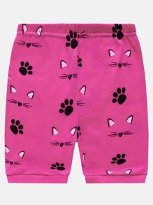 女孩卡通圖案T恤和短褲緊身睡衣套裝 - 玫紅色 - 查看 5