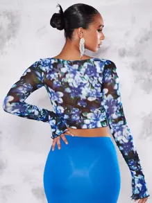 SHEIN BAE Floral Print Tie Front Mesh Top - Blue - View 2
