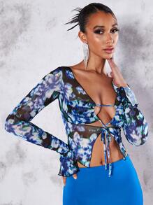 SHEIN BAE Floral Print Tie Front Mesh Top - Blue - View 5