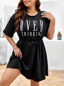 SHEIN LUNE Đầm Plus Size Dây kéo Lá thư Giải trí - màu đen - Xem 1