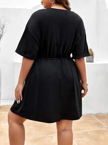 SHEIN LUNE Đầm Plus Size Dây kéo Lá thư Giải trí - màu đen - Xem 2