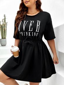 SHEIN LUNE Đầm Plus Size Dây kéo Lá thư Giải trí - màu đen - Xem 4