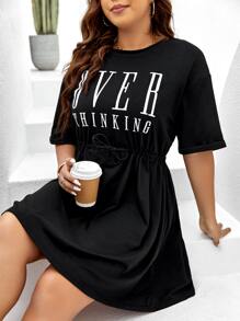 SHEIN LUNE Đầm Plus Size Dây kéo Lá thư Giải trí - màu đen - Xem 6