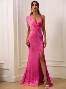 Women Elegant Faeriesty Sparkly Sequin Evening Gown - Sleeveless Asymmetric Neckline Maxi Dress With High-Slit Fishtail Skirt & Bodycon Fit For Elegant Evening Events/Galas,Summer Holiday Outfits - Hot Pink - View 1