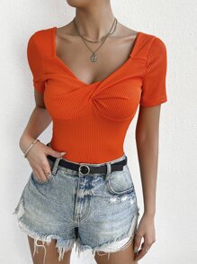 SHEIN Essnce Twist Front Ribbed Knit Tee - Orange - View 4