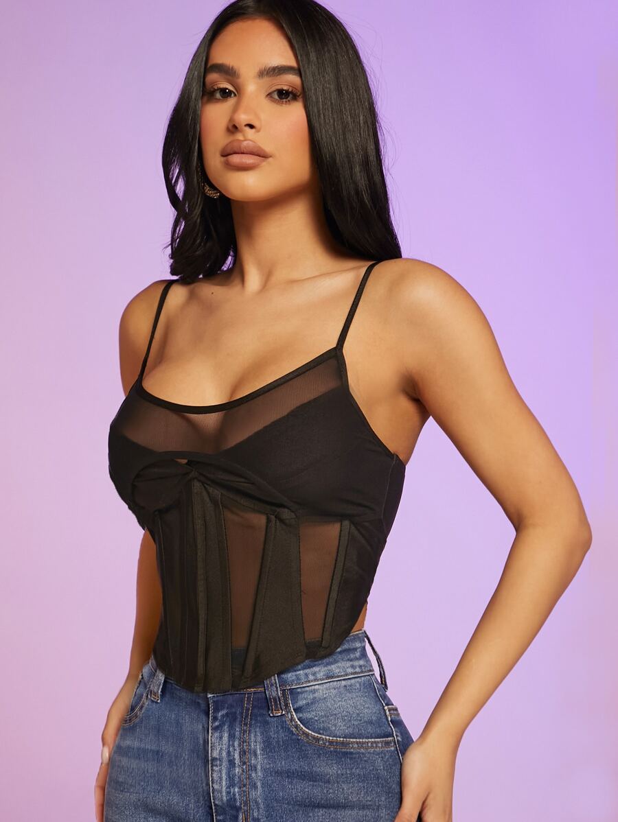 SHEIN Unity Lớp phủ lưới Bảng Áo yếm ôm sát ngực - màu đen - Xem 1