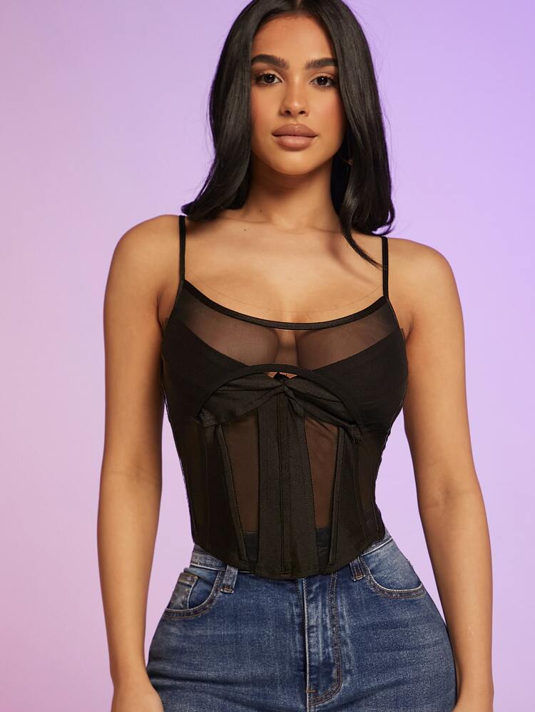 Mesh Overlay Panel Bustier Cami Top