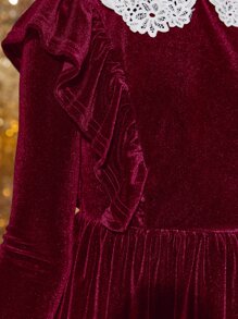 SHEIN Girls Guipure Lace Collar Ruffle Trim Velvet Dress - Maroon - View 4