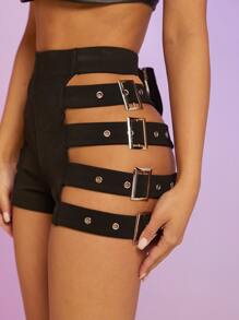 SHEIN Unity Cut Out Side Buckle Detail Shorts - Black - View 3