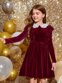 SHEIN Girls Guipure Lace Collar Ruffle Trim Velvet Dress - Maroon - View 5
