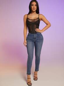 SHEIN Unity Lớp phủ lưới Bảng Áo yếm ôm sát ngực - màu đen - Xem 5