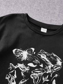 SHEIN Girls Butterfly & Mushroom Print Tee - Black - View 4