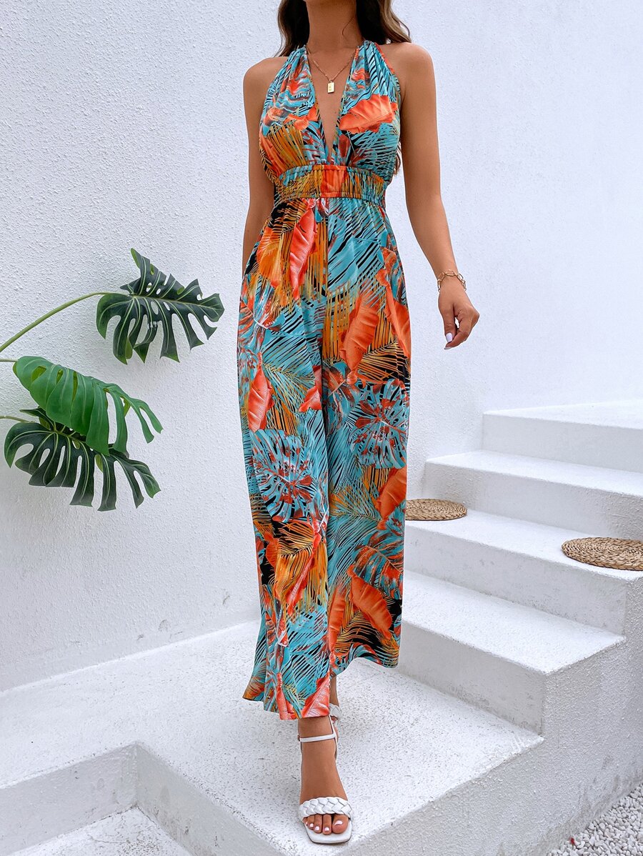 New Shein Black Pattern Halter Jumpsuit main image 0