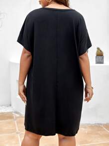 SHEIN LUNE Plus Two Tone Batwing Sleeve Tee Dress - Black - View 2