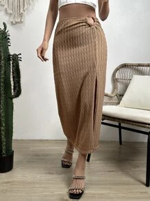 SHEIN Privé Falda de talle alto fruncido de muslo con abertura - Caqui - Ver 4