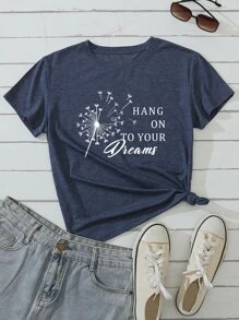 SHEIN LUNE Dandelion And Slogan Graphic Tee - Navy Blue - View 1