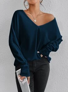 SHEIN Essnce 素色V領蝙蝠袖T恤 - 藏蓝色 - 查看 3