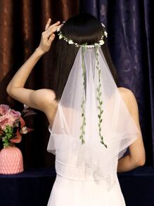 Flower & Faux Pearl Decor Bridal Veil - White - View 1