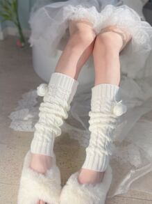 Pom Pom Decor Leg Warmers - White - View 2