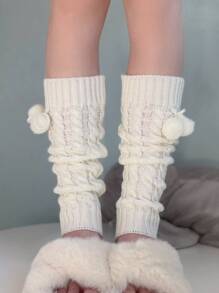 Pom Pom Decor Leg Warmers - White - View 4