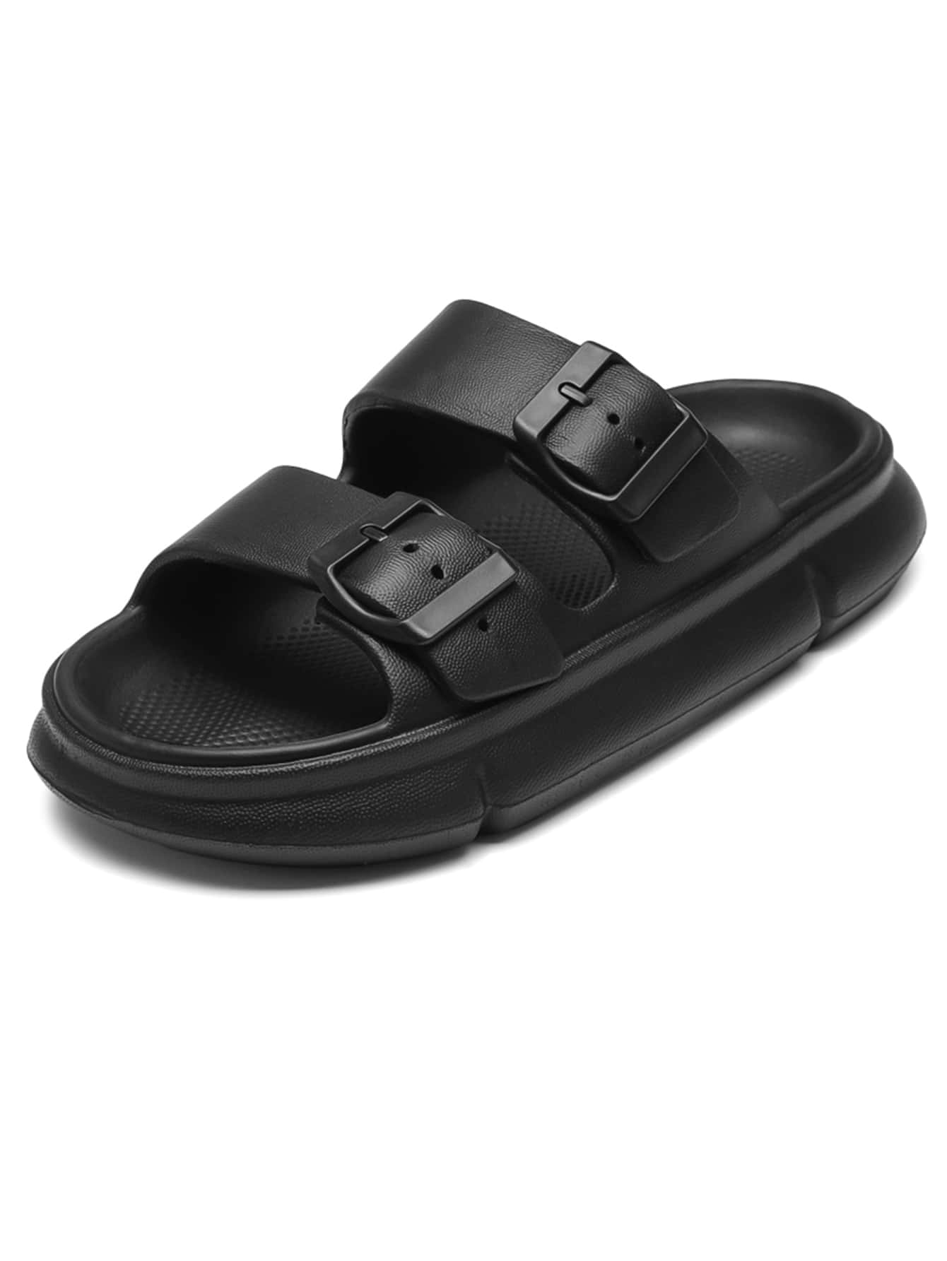 Men Double Buckle Decor Slides - Black - View 1