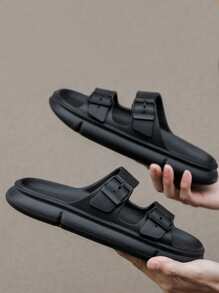Men Double Buckle Decor Slides - Black - View 2
