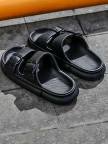 Men Double Buckle Decor Slides - Black - View 4