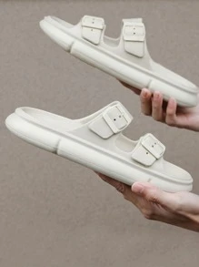 Männer Beige Doppelschnalle Dekor, Pantoffeln, offener Zehenpartie, Pantoffeln für Täglich