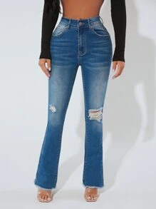 SHEIN PETITE Jeans bootcut desgarro bajo crudo - Azul lavado medio - Ver 3