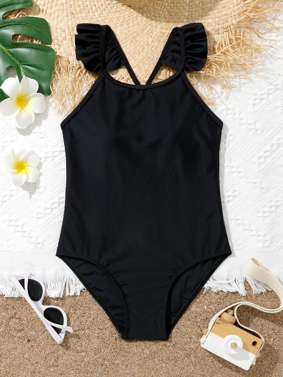 Chicas Bañador una pieza ribete con fruncido con tira cruzada de espalda abierta - Negro - Ver 1