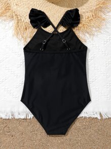 Chicas Bañador una pieza ribete con fruncido con tira cruzada de espalda abierta - Negro - Ver 2