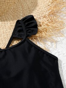 Chicas Bañador una pieza ribete con fruncido con tira cruzada de espalda abierta - Negro - Ver 3