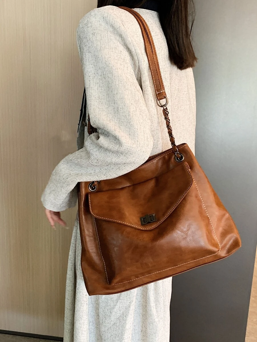 Bolso tote de hombro con bolsillo delantero - Marrón - Ver 1